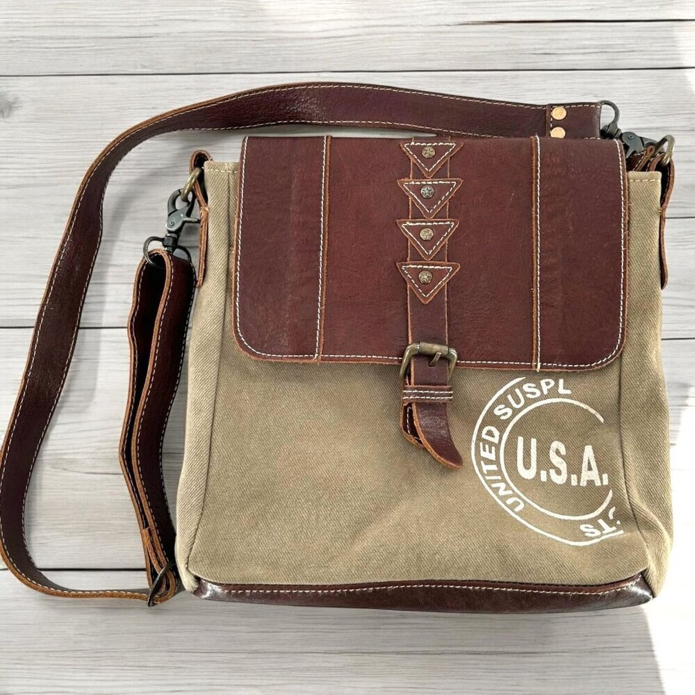 Myra Bag Sage Green Canvas and Brown Leather Messenger Tote Crossbody Bag